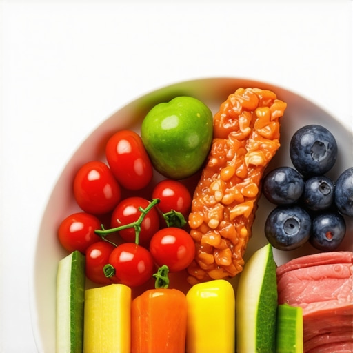 Plate with assorted healthy foods including lean protein, vegetables, and healthy fats