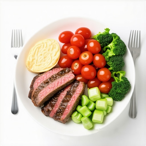 A colorful plate with chicken, vegetables, and avocado showing healthy eating habits.