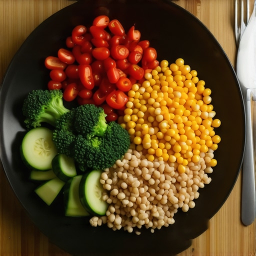 A colorful plate with vegetables, whole grains, and lean proteins showcasing healthy carbohydrate choices.
