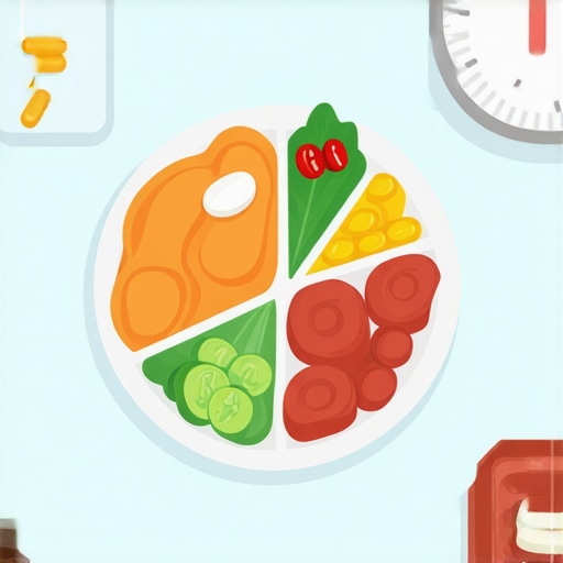 A plate of nutritious food with medication bottles and a clock representing meal timing