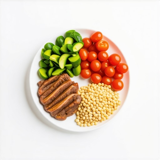 An illustration of a balanced plate with proteins, greens, and carbs to support medication in weight loss journey