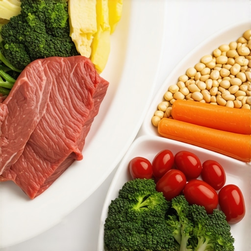 Plate with protein, vegetables, and grains promoting diet-medication synergy.