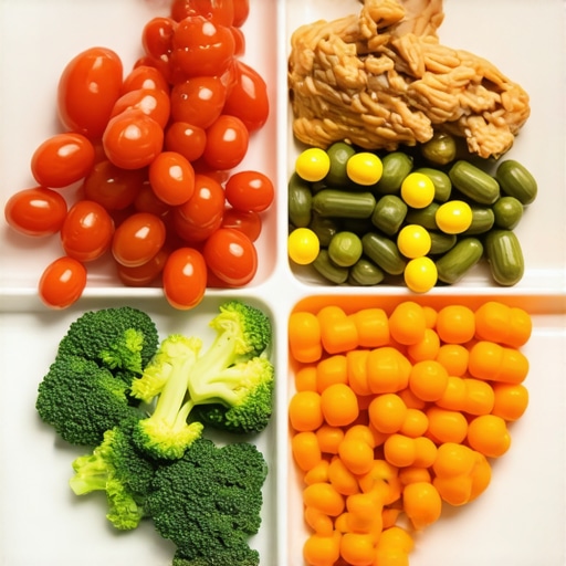Plate with fiber-rich vegetables, nuts, and lean protein