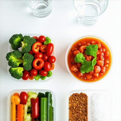 Balanced meal with fresh ingredients and hydration A vibrant meal prep setup featuring vegetables, proteins, salt, and water glasses