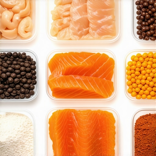 Assorted high-protein foods including chicken, fish, beans, and protein powders on a kitchen counter.