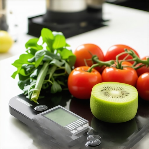 A digital food scale showing precise measurements next to fresh vegetables and lean proteins.