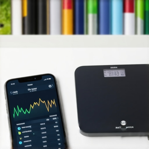 Smartphone displaying health metrics next to a digital kitchen scale on a countertop