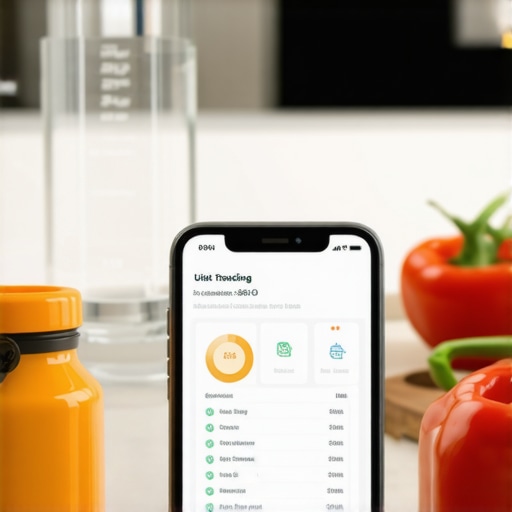 A smartphone displaying a diet and fitness app next to healthy foods and a water bottle, illustrating tools for sustaining weight loss on prescription plans.