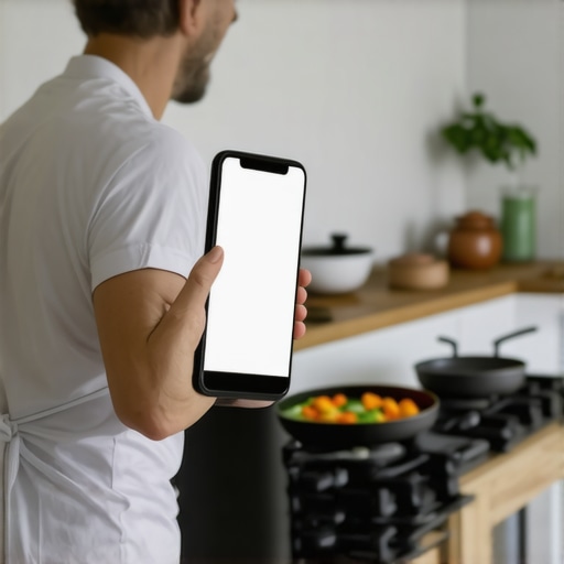 Person monitoring diet on a smartphone while preparing nutritious meal.