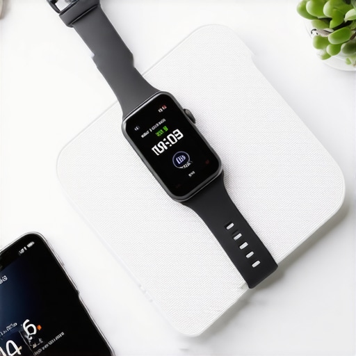 A modern digital kitchen scale, smartphone with health tracking app, and fitness tracker on wrist on a clean countertop.