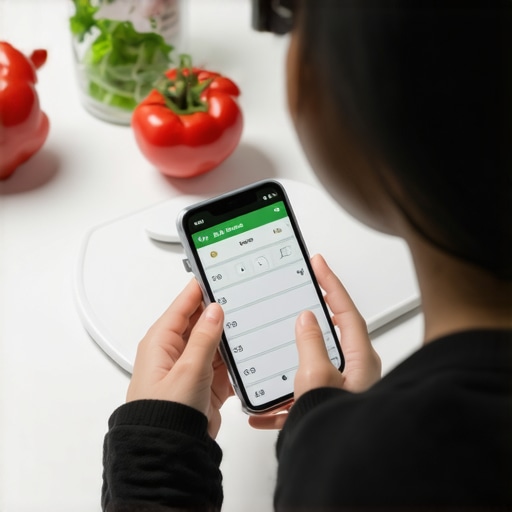 Person measuring food with a digital scale while checking their smartphone in a modern kitchen