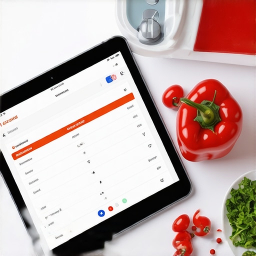 A tablet with a nutrition app open, weighing ingredients, and healthy food items on a kitchen counter