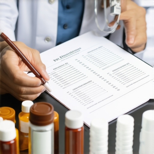 Doctor analyzing a personalized diet plan with medication bottles.