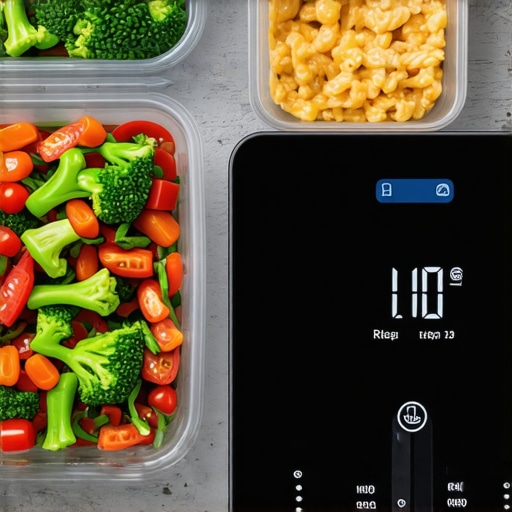 Close-up of a digital kitchen scale placed beside meal containers on a kitchen counter, illustrating precise meal measurement.