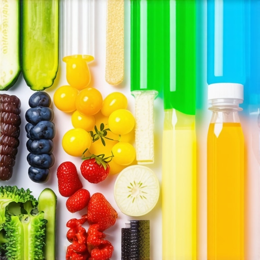 A colorful assortment of fruits, nuts, vegetables, and electrolyte drinks on a table.