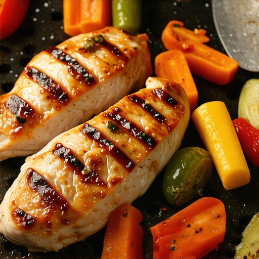 Healthy Grilled Chicken and Vegetables A plate of grilled chicken breasts with colorful roasted vegetables, highlighting healthy meal prep