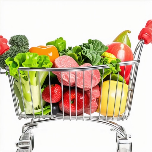 Healthy Grocery Shopping for Weight Loss Grocery cart with fresh vegetables, lean meats, nuts, and fruits emphasizing healthy shopping choices