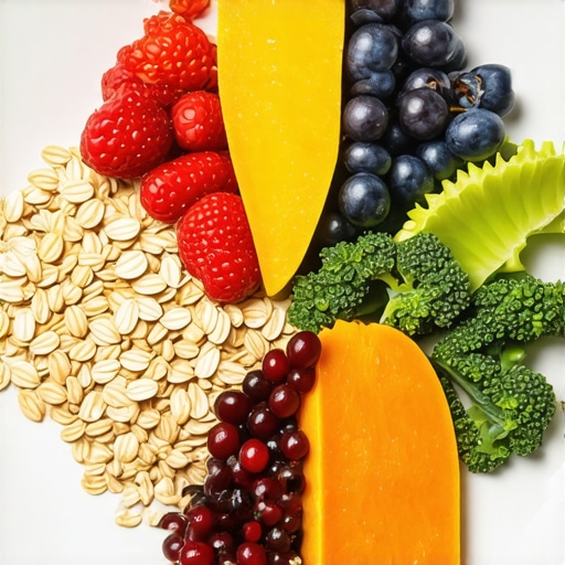 Assorted foods rich in soluble fiber including oats, beans, and vegetables on a plate.