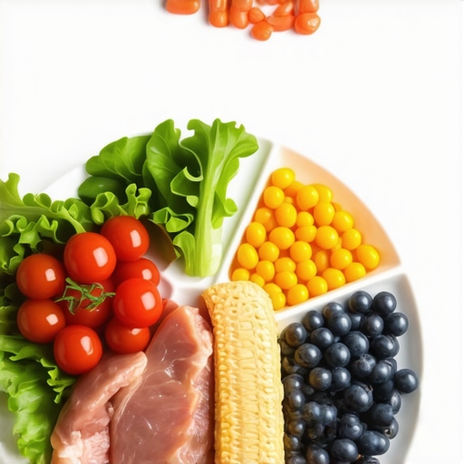 Healthy Meal Plate for GLP-1 Support A colorful plate with assorted healthy foods including chicken, quinoa, vegetables, and avocado.