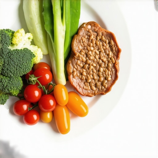 A colorful plate with vegetables, lean chicken, and quinoa promoting digestion and satiety.