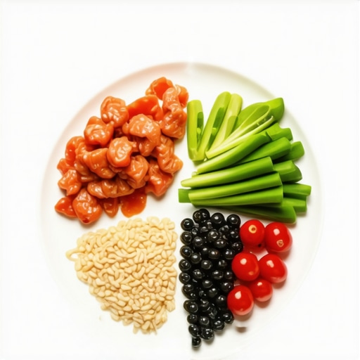 Plate with chicken, fish, and vegetables presenting a nutritious meal