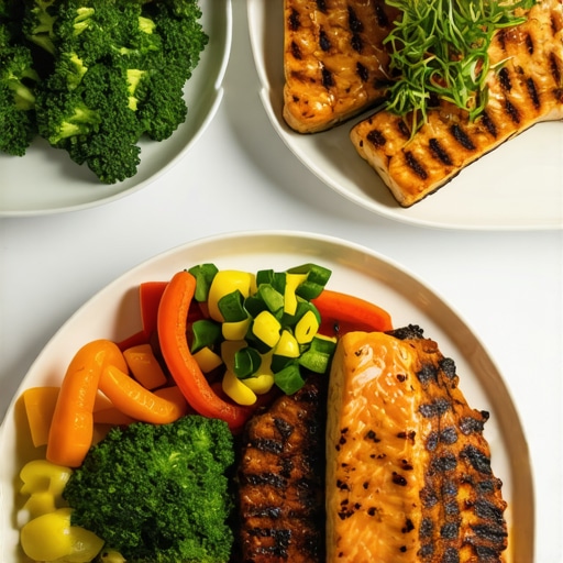 A colorful plate with grilled salmon, chicken, legumes, and vegetables promoting digestive health