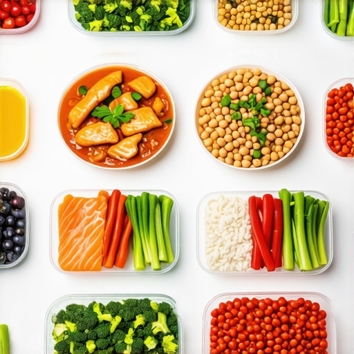 A colorful array of high-protein foods prepared for weekly meals sitting on a kitchen counter