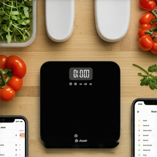 A sleek, modern kitchen featuring digital tools for tracking nutrition and hydration