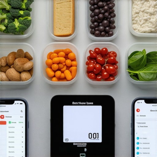 A kitchen setup with a digital scale, smartphone displaying a personalized nutrition plan, and meal prep containers filled with healthy foods
