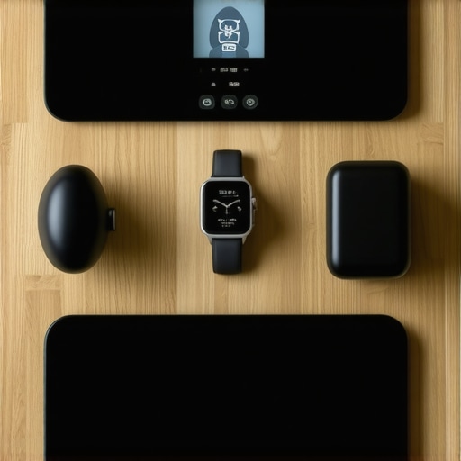 High-Tech Wellness Tools for Weight Loss A modern digital scale, a smartwatch, and a food tracking app open on a tablet, showcasing tools for maintaining weight loss.