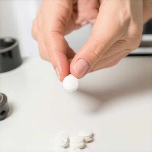Close-up of magnesium supplement pills on a kitchen counter.