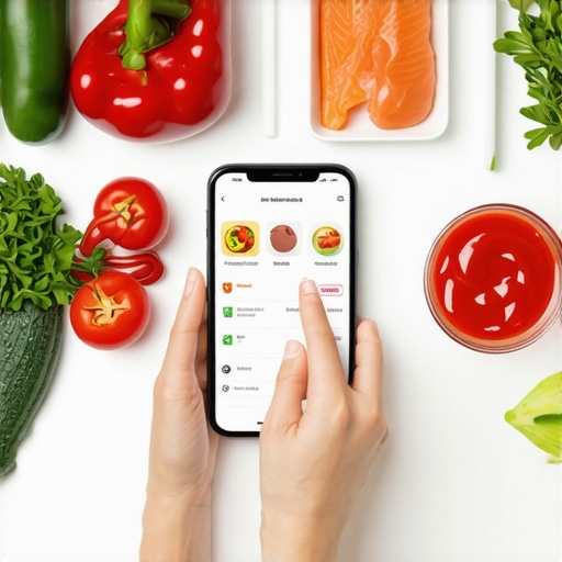 Person using a smartphone to plan healthy meals with fresh vegetables and proteins.