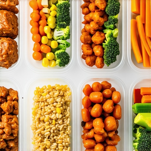 An organized meal prep with balanced proteins, vegetables, and grains in containers