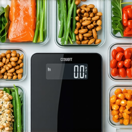A close-up of a digital kitchen scale and meal prep containers filled with healthy foods on a kitchen countertop.