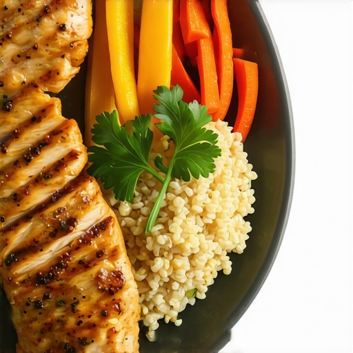 Plated meal featuring grilled chicken, broccoli, and quinoa to illustrate high-quality protein intake