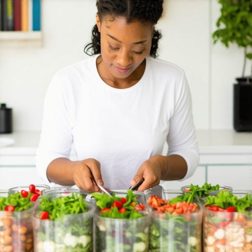 Person chopping vegetables and cooking proteins for meal prep in kitchen.