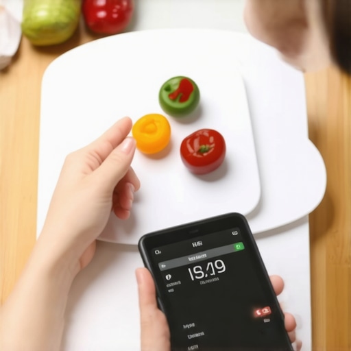 Person measuring food with digital kitchen scale and logging on a smartphone.