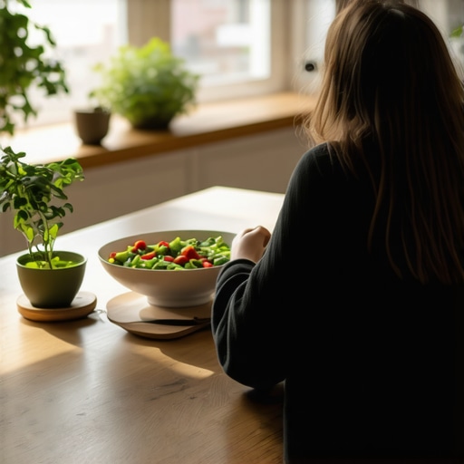 Individual observing food carefully during meal to practice mindfulness.