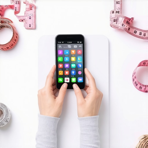Monitoring Tools for Effective Weight Management Person tracking weight and nutrition with digital tools and measuring tape in kitchen.