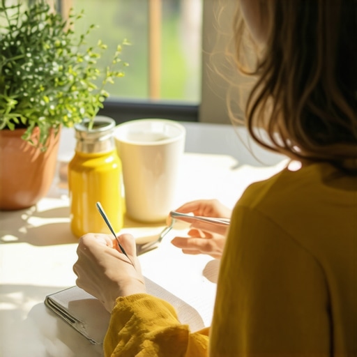 Person organizing healthy breakfast ingredients and writing in a journal in morning sunlight