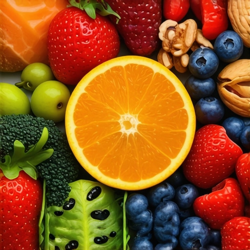 A vibrant meal with fish, vegetables, and nuts emphasizing hair-healthy nutrients.