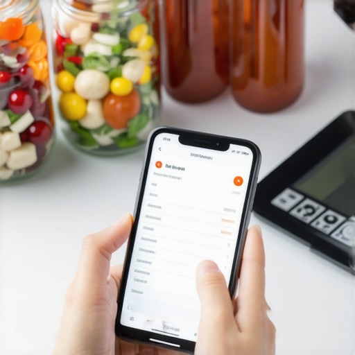Person tracking diet with smartphone app surrounded by healthy foods and kitchen tools.