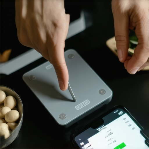 Person measuring food portions with a scale and tracking nutrition on a smartphone in a kitchen