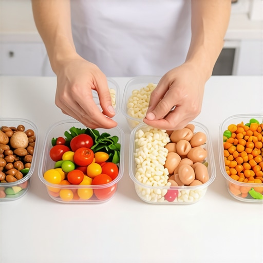 A neatly arranged set of meal prep containers filled with colorful, healthy high-protein foods.