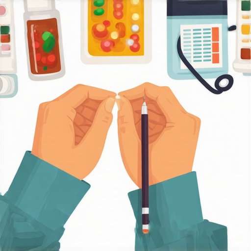 Healthcare professional reviewing personalized diet plan with medication bottles and nutrition data.