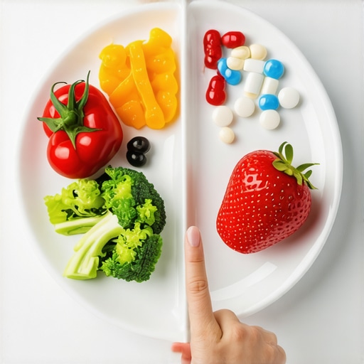 A doctor's hand pointing to a balanced plate of healthy foods with medication pills