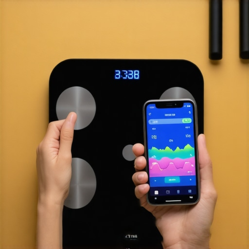 A person in a home gym using a smart scale and smartphone to monitor body composition