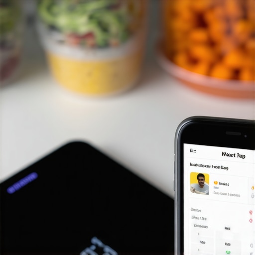 Kitchen scale and smartphone for macro tracking on meal prep counter with healthy foods.