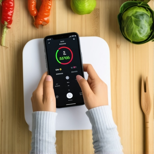 Person measuring food with a smart digital scale and recording data on a smartphone in a modern kitchen setting