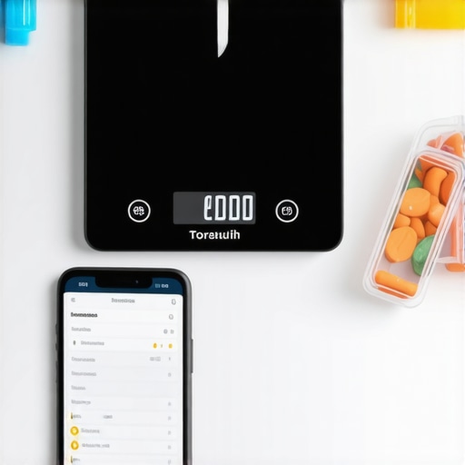 A digital kitchen scale beside a smartphone displaying macro tracking data and prepared healthy meals on a kitchen countertop.